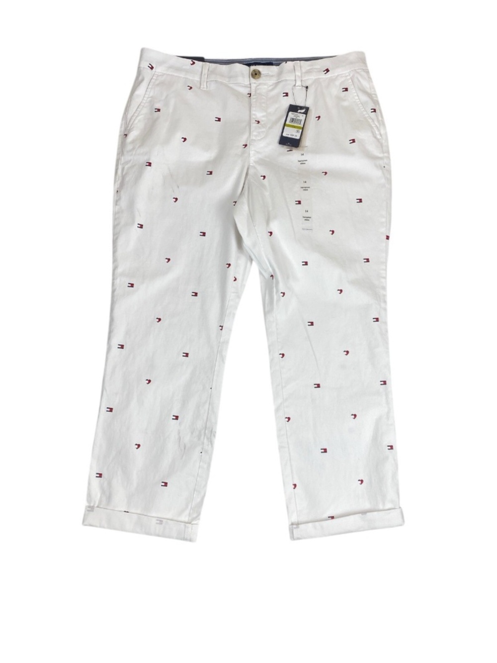 Tommy Hilfiger Women's Hampton Heart Flag Chino Pants White Size 14 Stretch